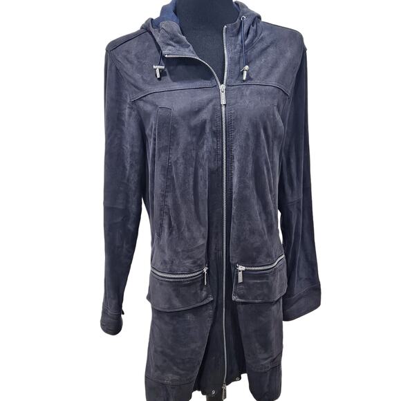 Michael Kors Black Suede Leather Lagenlook Grunge Full Zip Hooded Jacket Medium - Picture 1 of 14